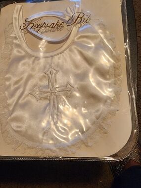 KEEPSAKE the Label White Satin Cross Embroidered Baby Bib